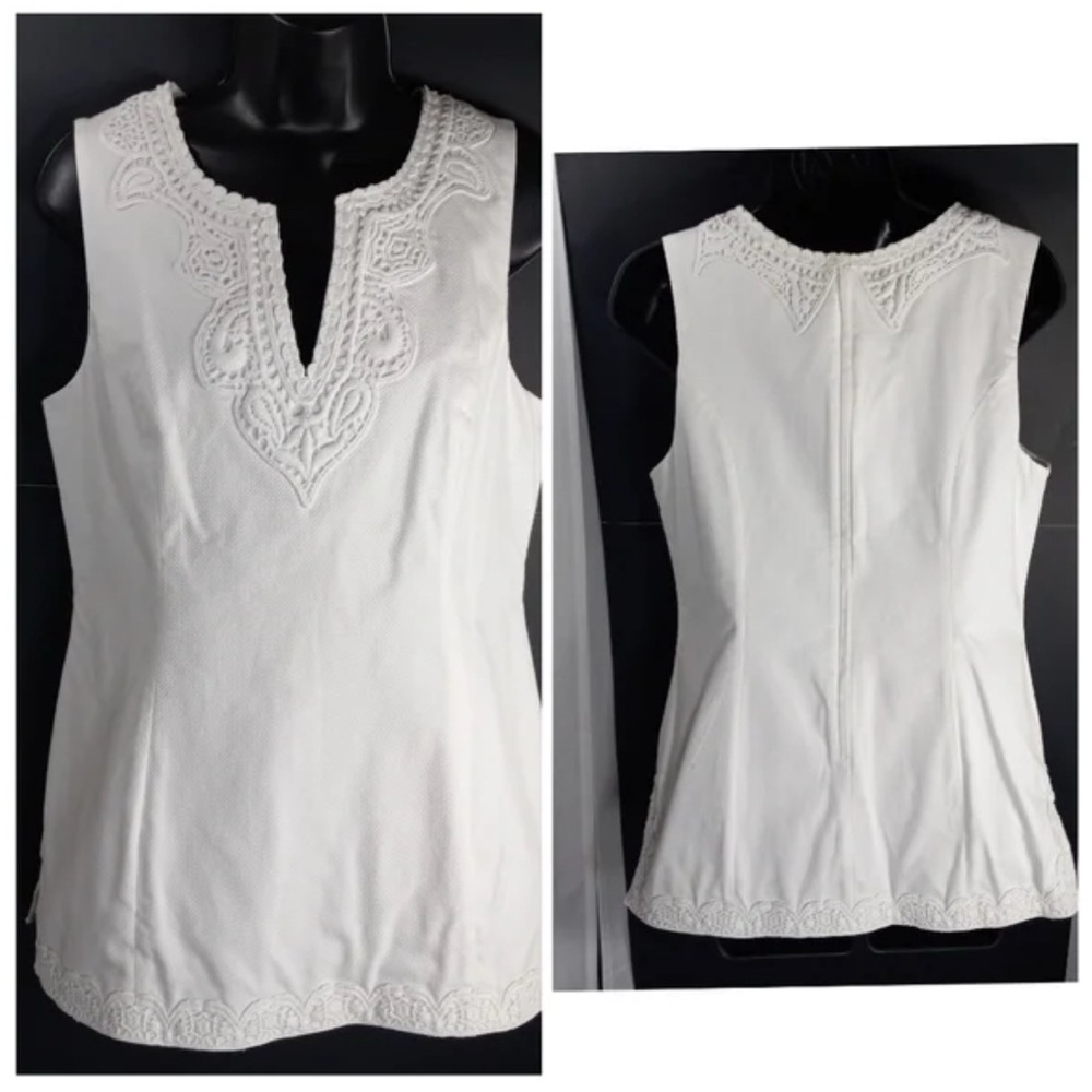 LILLY PULITZER Vintage White Duck Fitted Lined Tunic Embroidered Lace Trim EUC